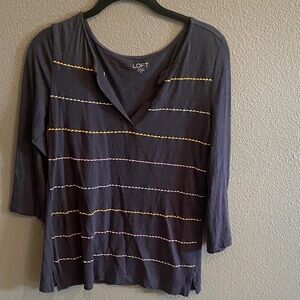 LOFT Women's Dark Blue Top with Colorful Stripes